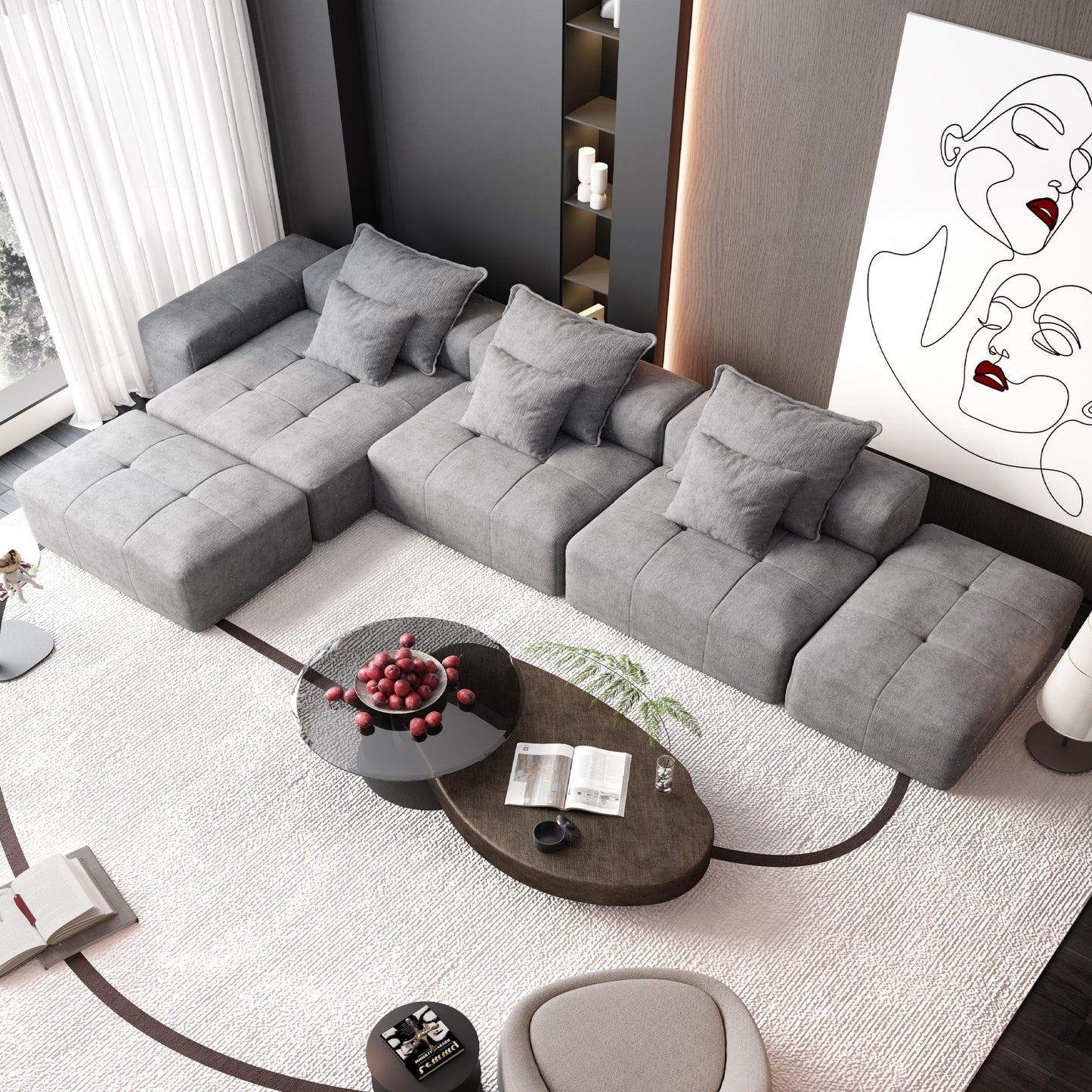 Modern Oversized Modular Chenille Sectional Sofa with Cushions and 6 Pillows for Living Room