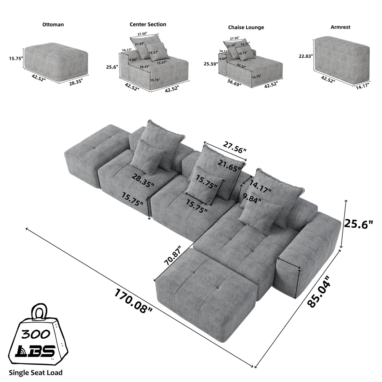 Modern Oversized Modular Chenille Sectional Sofa with Cushions and 6 Pillows for Living Room