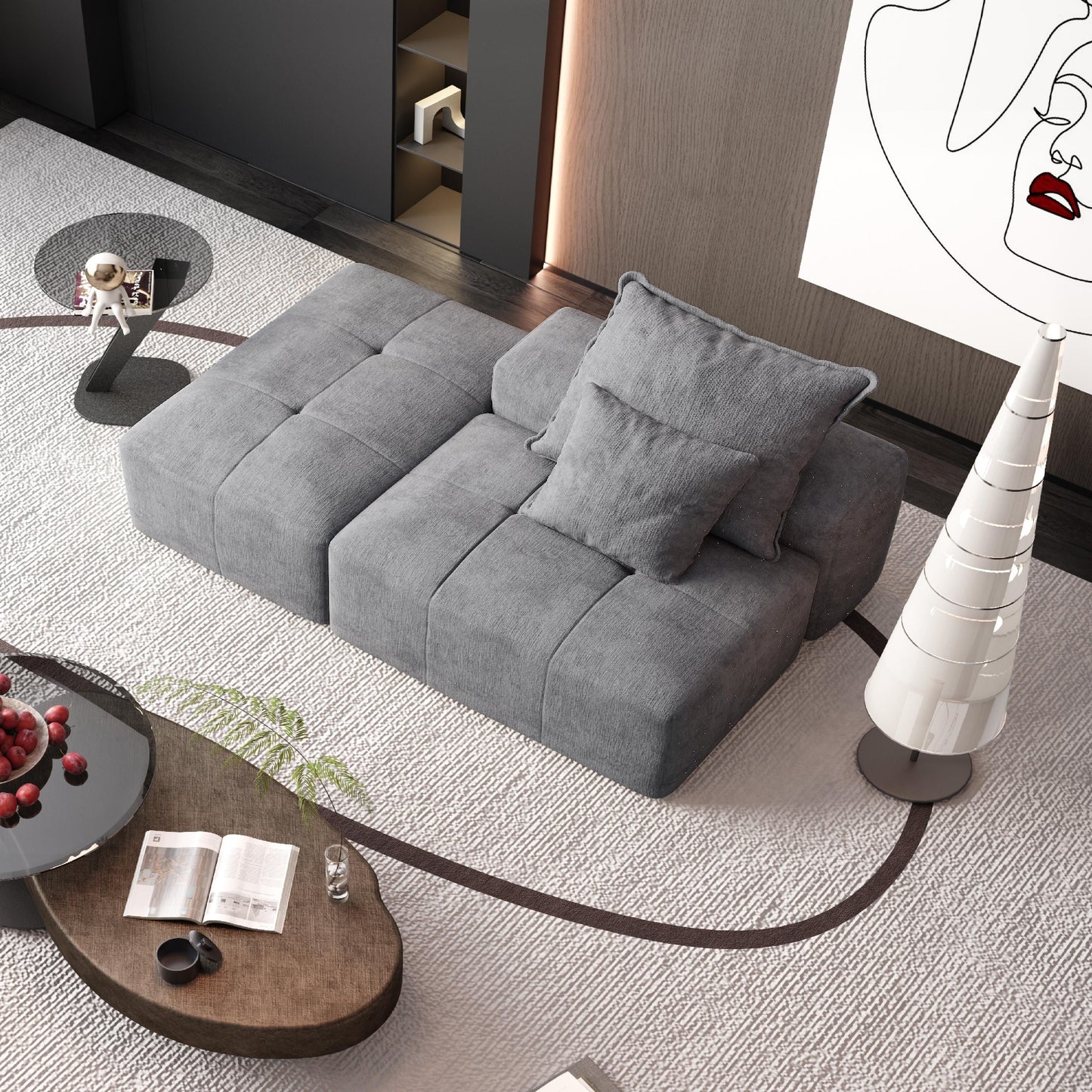 Modern Oversized Modular Chenille Tufted Sectional Sofa with 2 Pillows and Ottoman for Living Room