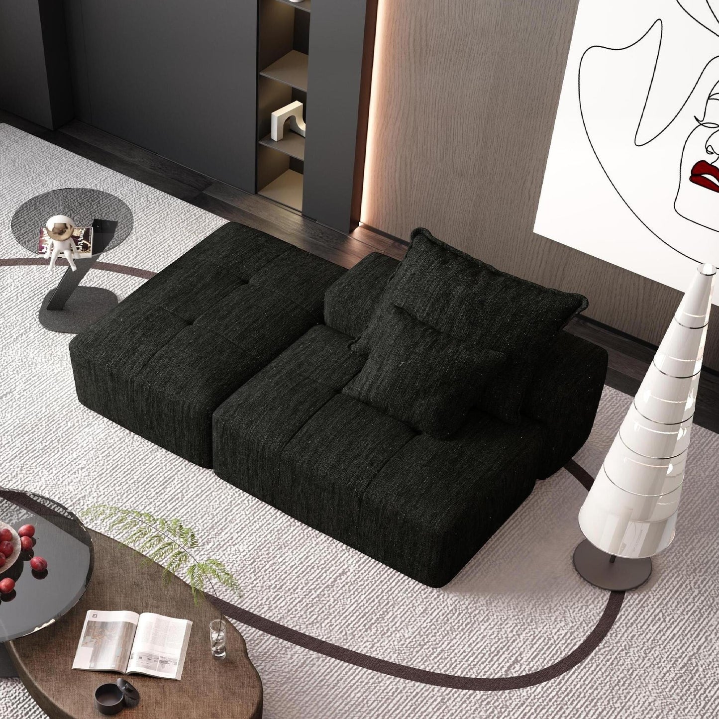 Modern Oversized Modular Chenille Tufted Sectional Sofa with 2 Pillows and Ottoman for Living Room