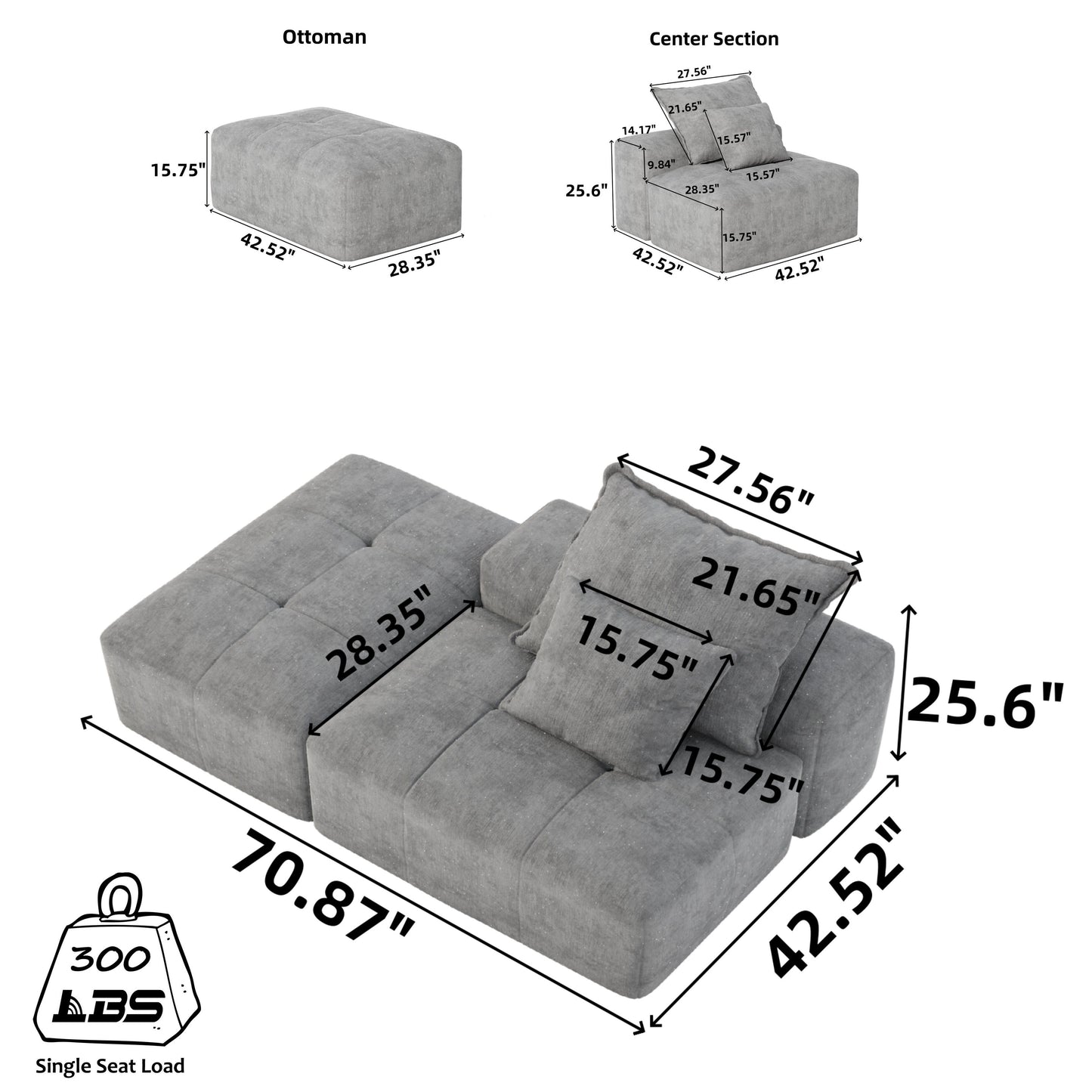Modern Oversized Modular Chenille Tufted Sectional Sofa with 2 Pillows and Ottoman for Living Room