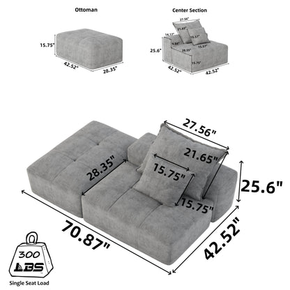 Modern Oversized Modular Chenille Tufted Sectional Sofa with 2 Pillows and Ottoman for Living Room