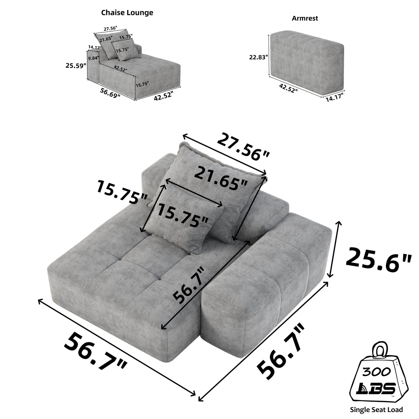 Modern Oversized Modular Chenille Tufted Sectional Sofa with 2 Pillows for Living Room Office