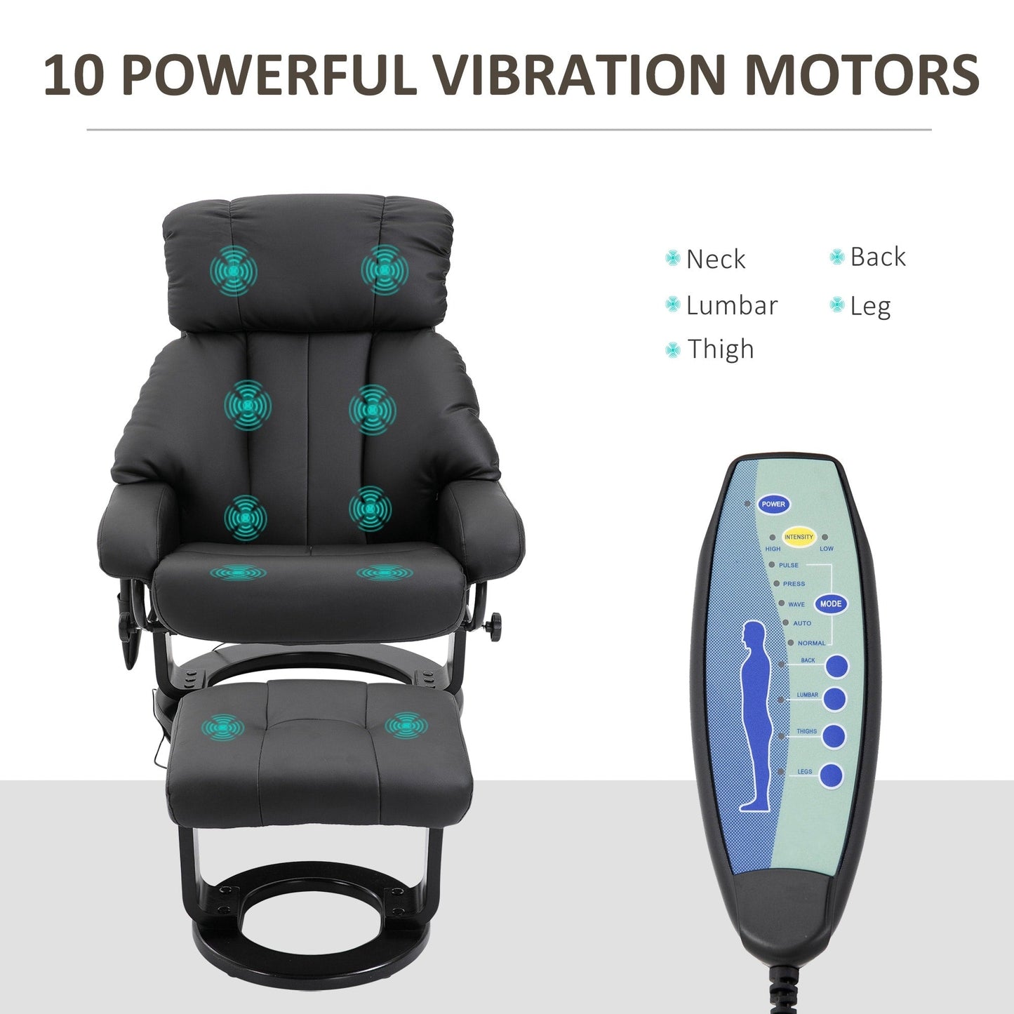 Modern PU Leather Recliner with Ottoman, 10-Zone Vibration Massage, and Swivel Wood Base for Living Room & Bedroom