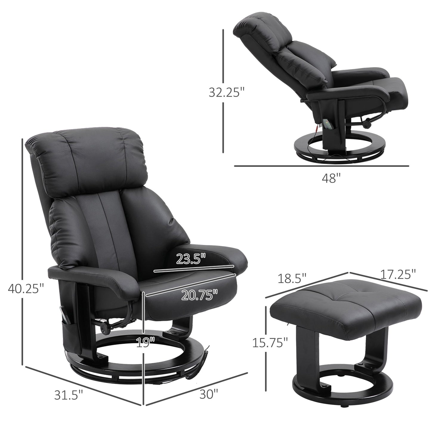 Modern PU Leather Recliner with Ottoman, 10-Zone Vibration Massage, and Swivel Wood Base for Living Room & Bedroom
