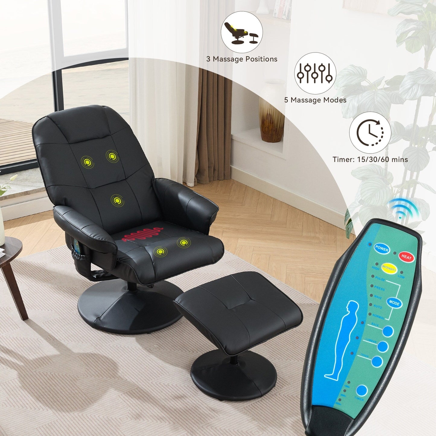 Modern PU Leather Swivel Recliner Chair Massage Heated Office Chair with Ottoman and Adjustable Backrest