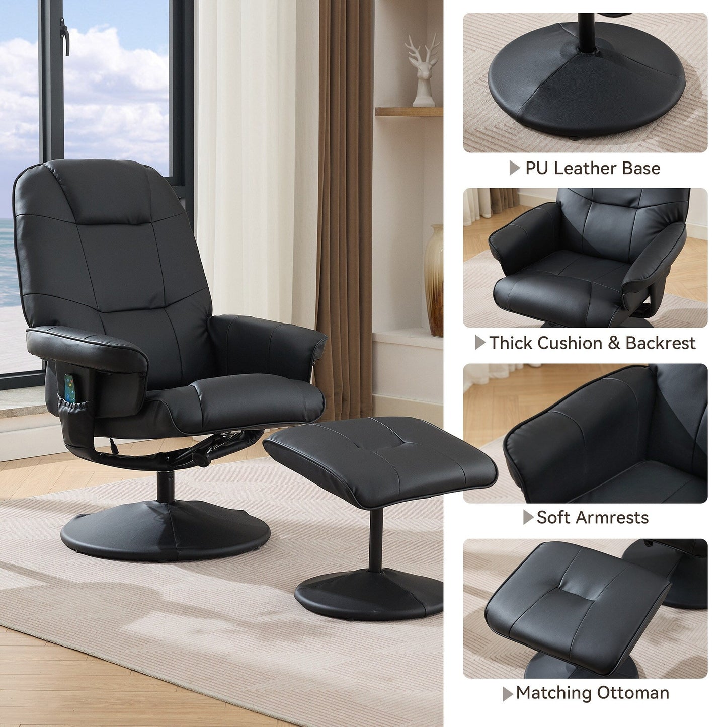 Modern PU Leather Swivel Recliner Chair Massage Heated Office Chair with Ottoman and Adjustable Backrest