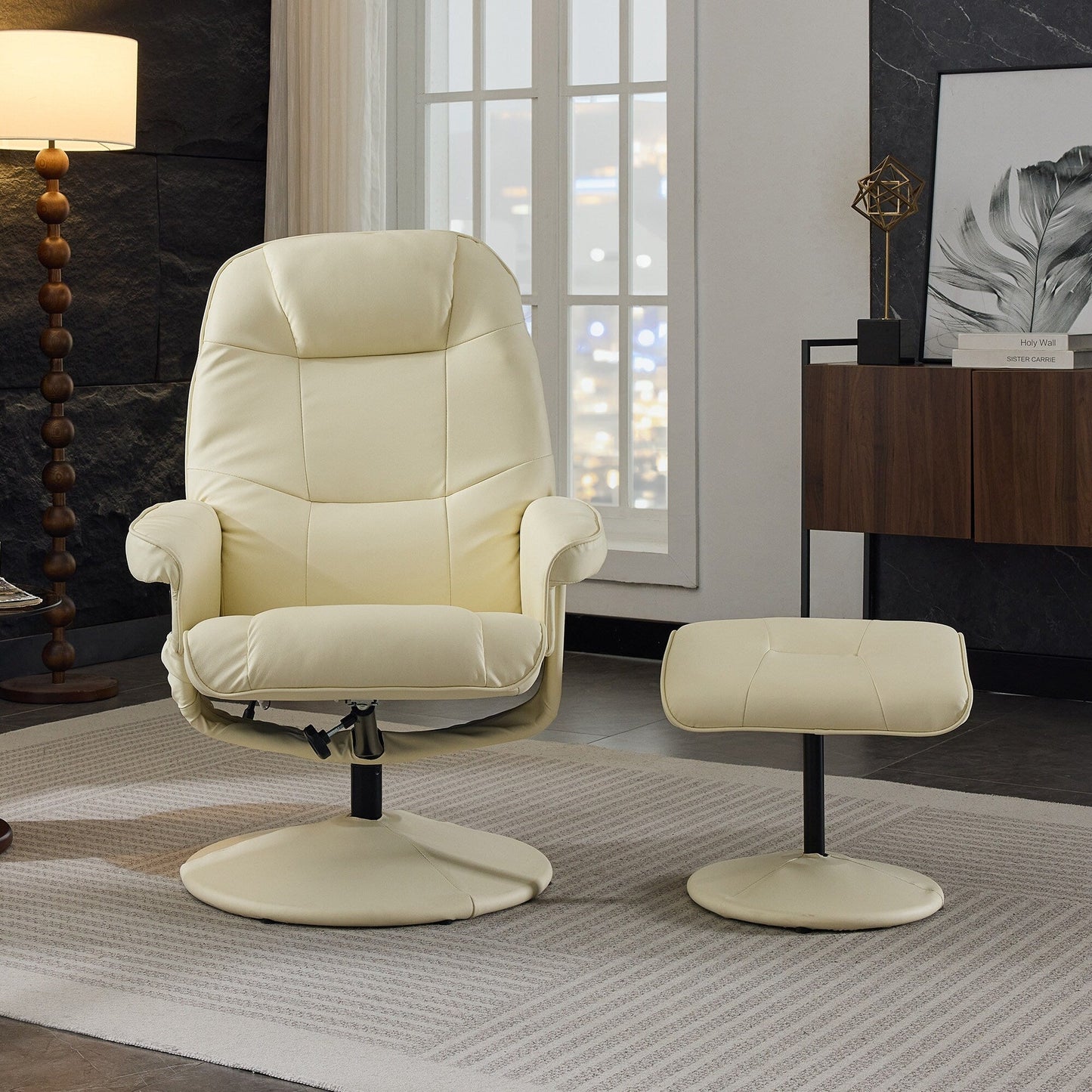 Modern PU Leather Swivel Recliner Chair Massage Heated Office Chair with Ottoman and Adjustable Backrest