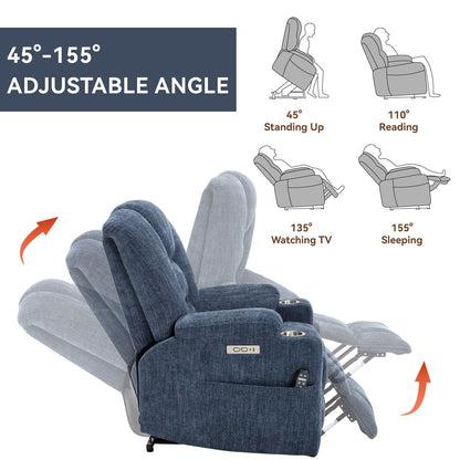 Modern Power Lift Recliner Chair Heat Massage Chair Upholstery Single Sofa with Dual USB Ports and Cup Holders