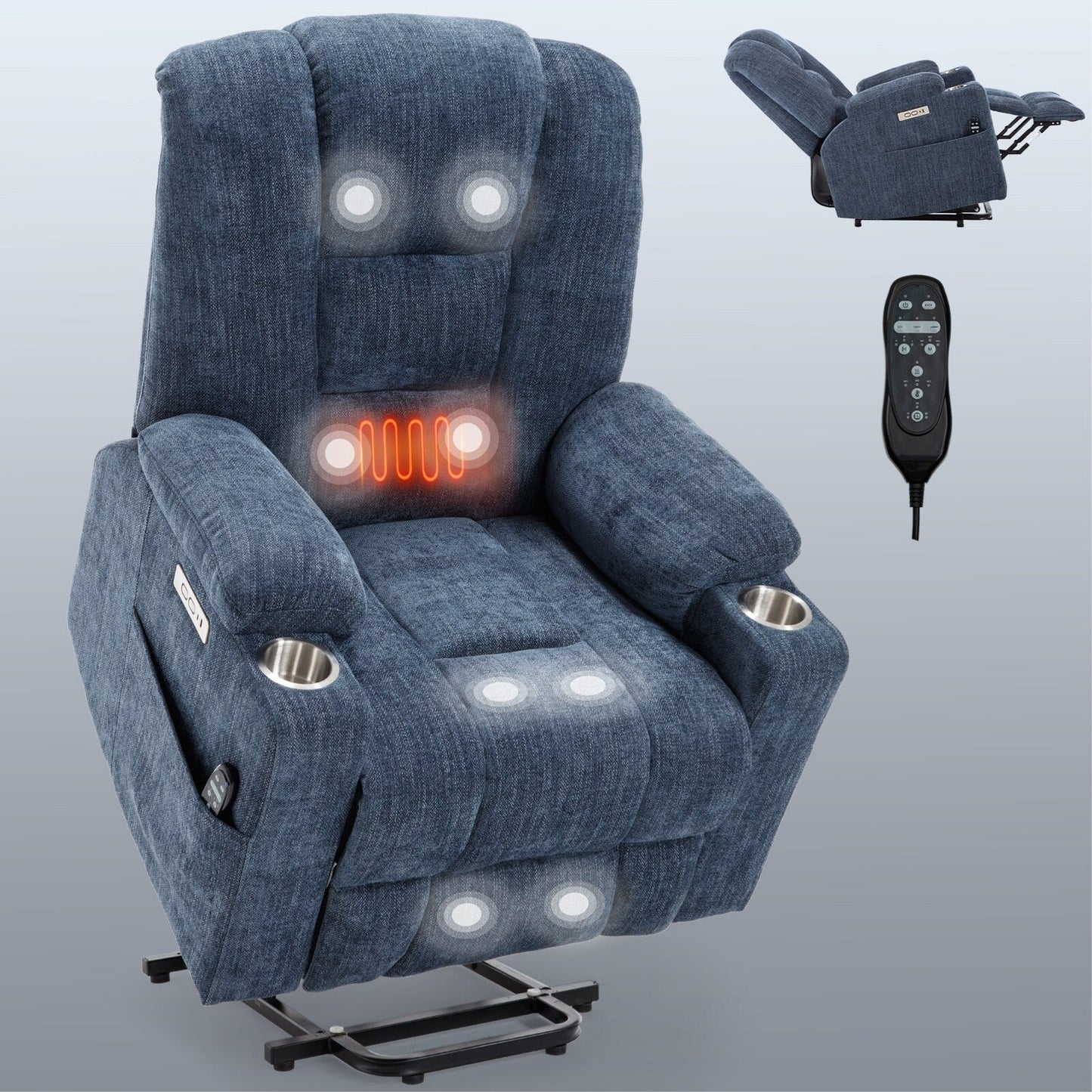 Modern Power Lift Recliner Chair Heat Massage Chair Upholstery Single Sofa with Dual USB Ports and Cup Holders