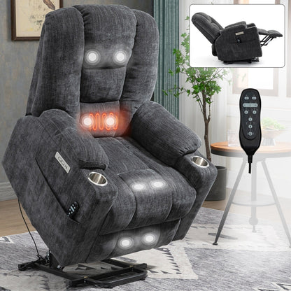 Modern Power Lift Recliner Chair Heat Massage Chair Upholstery Single Sofa with Dual USB Ports and Cup Holders