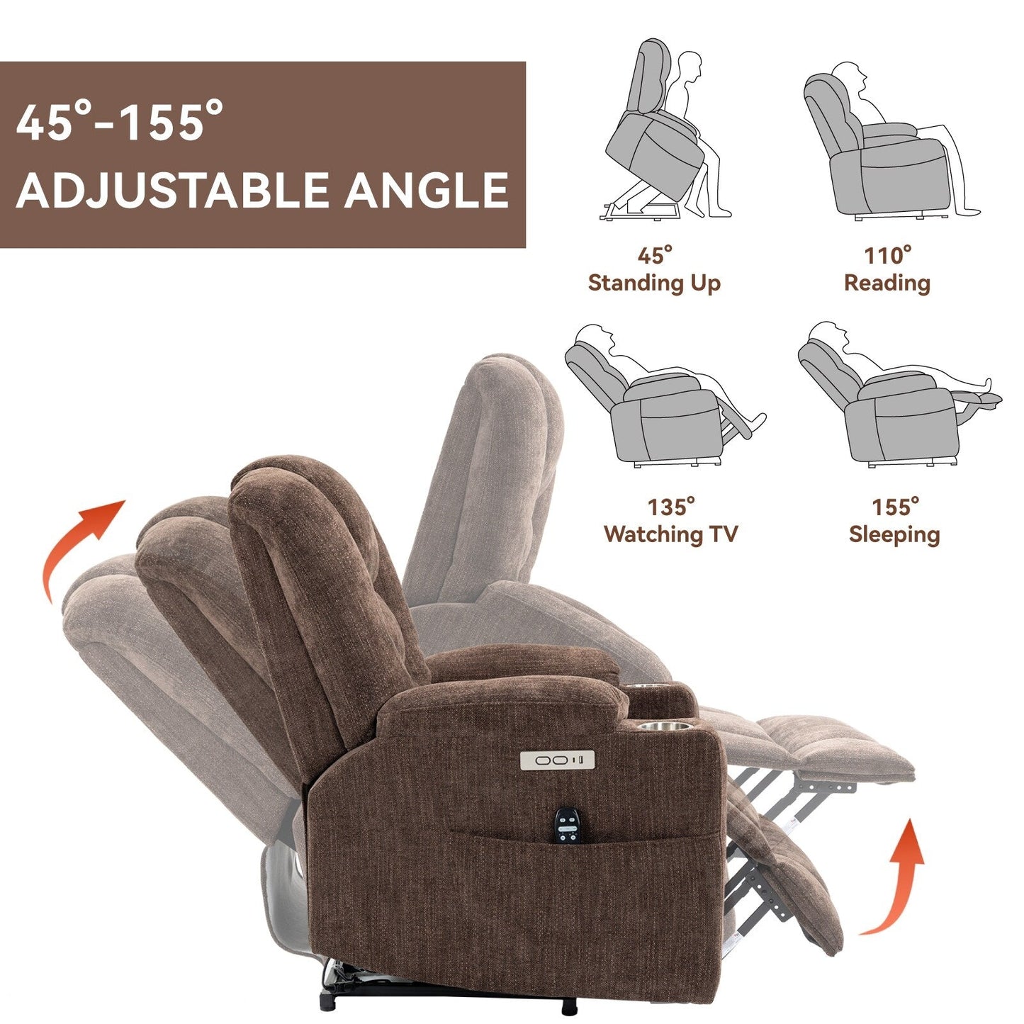 Modern Power Lift Recliner Chair Heat Massage Chair Upholstery Single Sofa with Dual USB Ports and Cup Holders