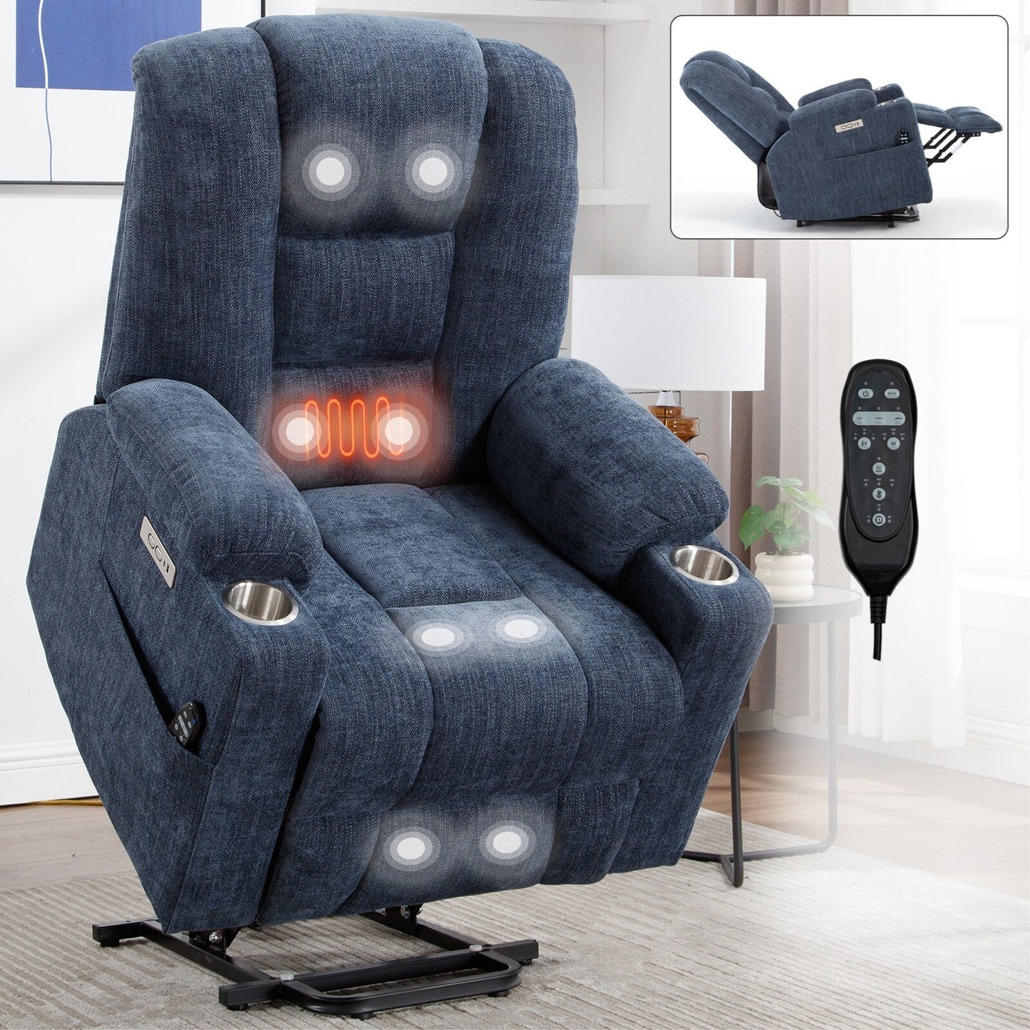 Modern Power Lift Recliner Chair Heat Massage Chair Upholstery Single Sofa with Dual USB Ports and Cup Holders