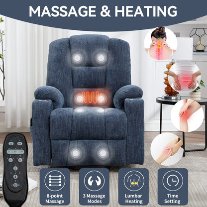 Modern Power Lift Recliner Chair Heat Massage Chair Upholstery Single Sofa with Dual USB Ports and Cup Holders