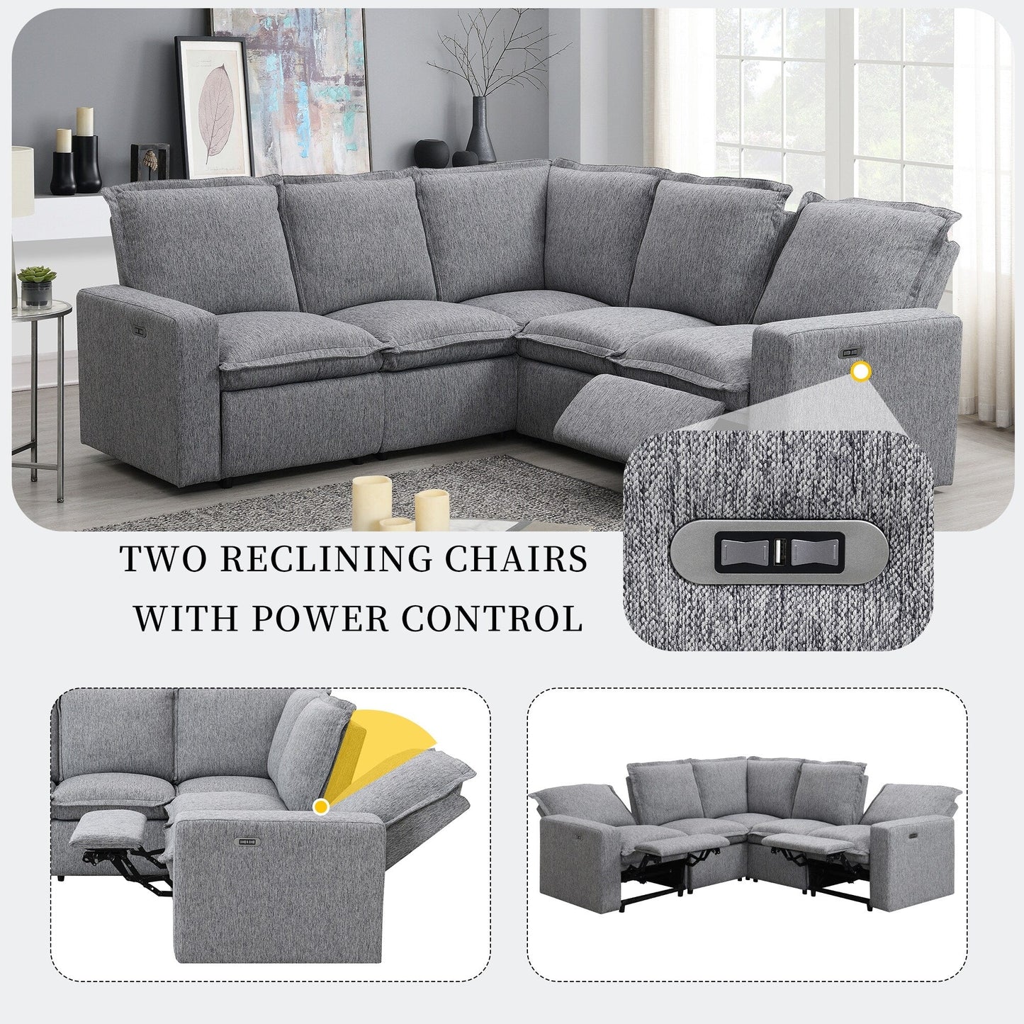 Modern Power Recliner Chair Home Theater Seating Soft Sofa with USB Port for Living Room