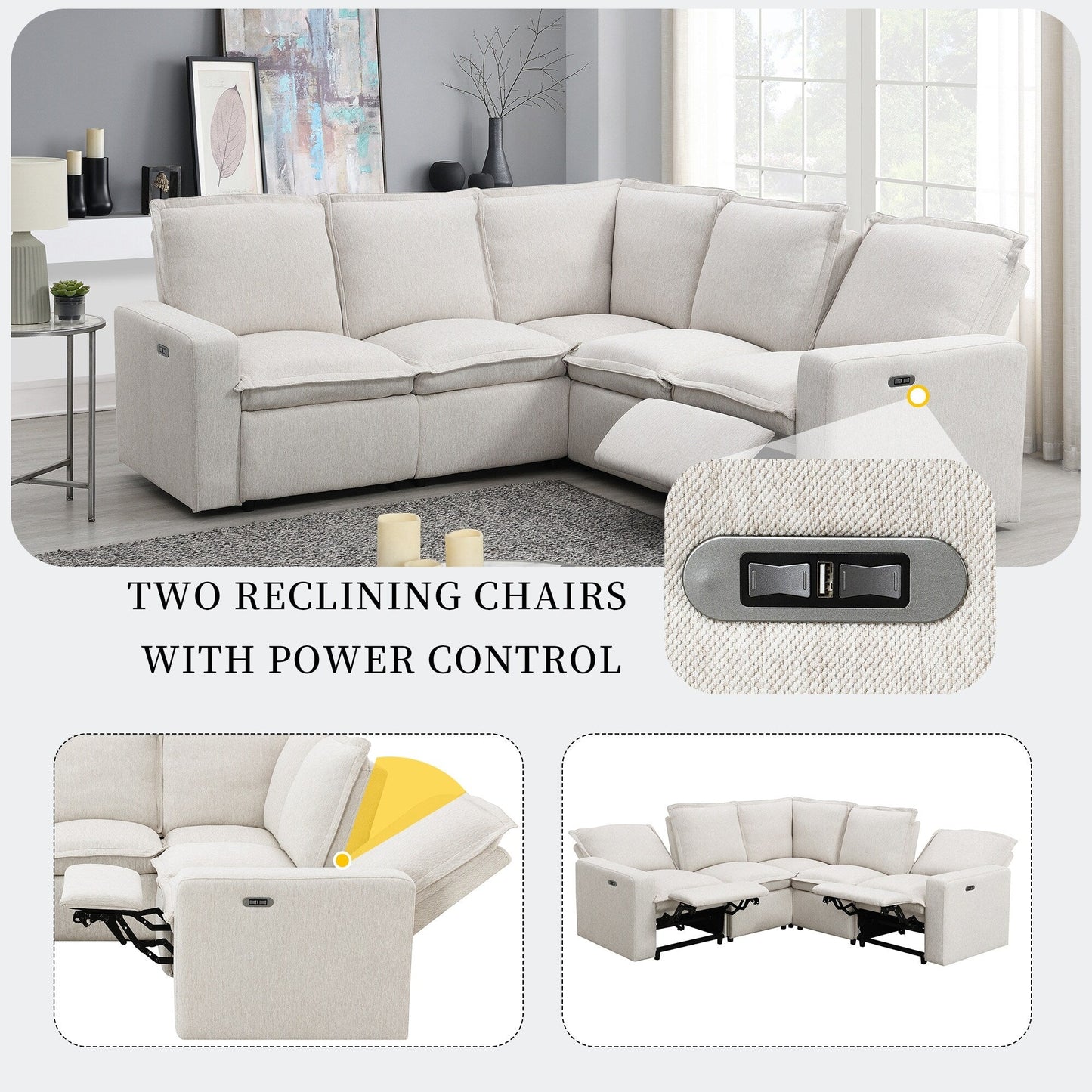 Modern Power Recliner Chair Home Theater Seating Soft Sofa with USB Port for Living Room