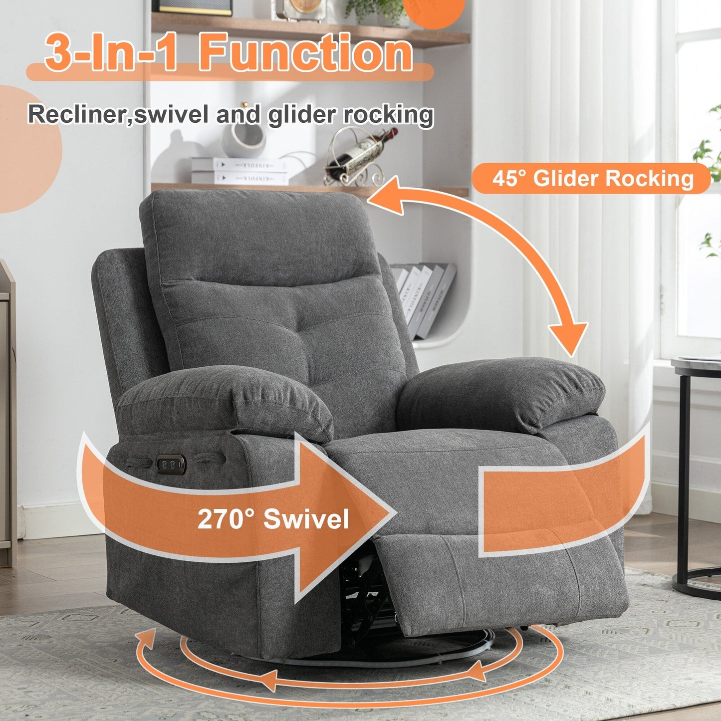Modern Power Recliner with Bluetooth Speaker, LED Light, USB Charging Ports, Retractable Footrest and Storage Pockets