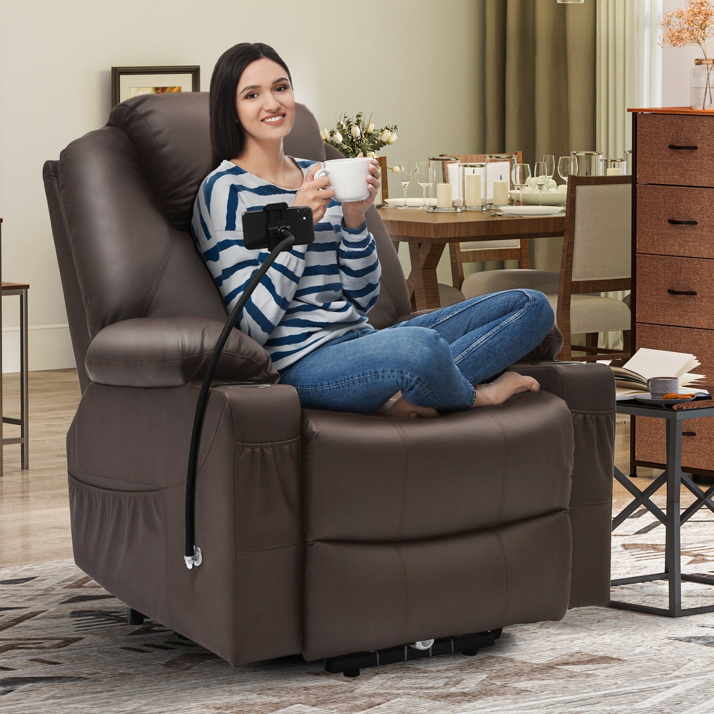 Modern Reclining Chair Fabric Massage with LED and Mobile Phone Holder