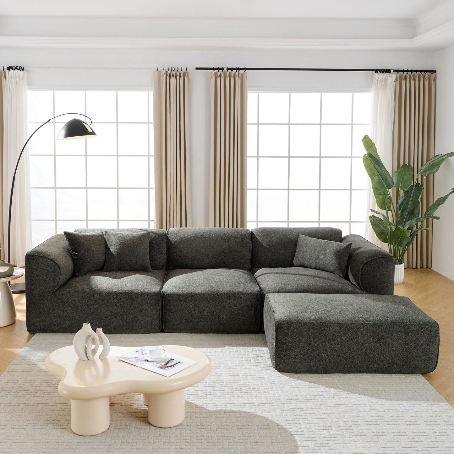 Modern Sectional Luxury Velvet 4-Seat Sofa with Removable Ottoman and Pillows for Living Room Apartment