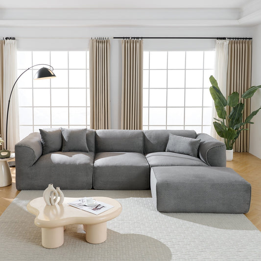 Modern Sectional Luxury Velvet 4-Seat Sofa with Removable Ottoman and Pillows for Living Room Apartment