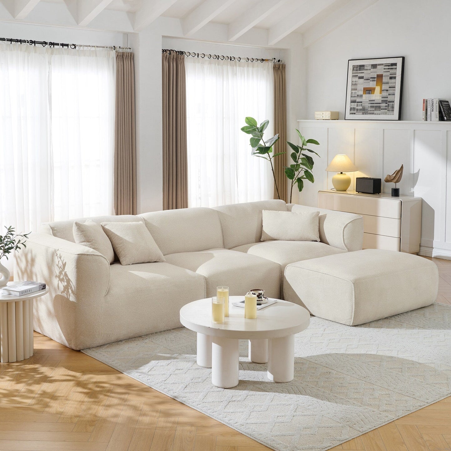 Modern Sectional Luxury Velvet 4-Seat Sofa with Removable Ottoman and Pillows for Living Room Apartment