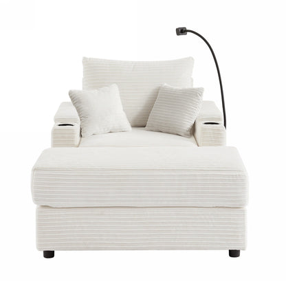 Modern Single Sofa with Movable Ottoman, Hidden Storage, USB Ports, Cup Holders and Phone Holder for Living Room