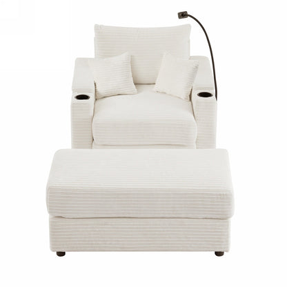 Modern Single Sofa with Movable Ottoman, Hidden Storage, USB Ports, Cup Holders and Phone Holder for Living Room