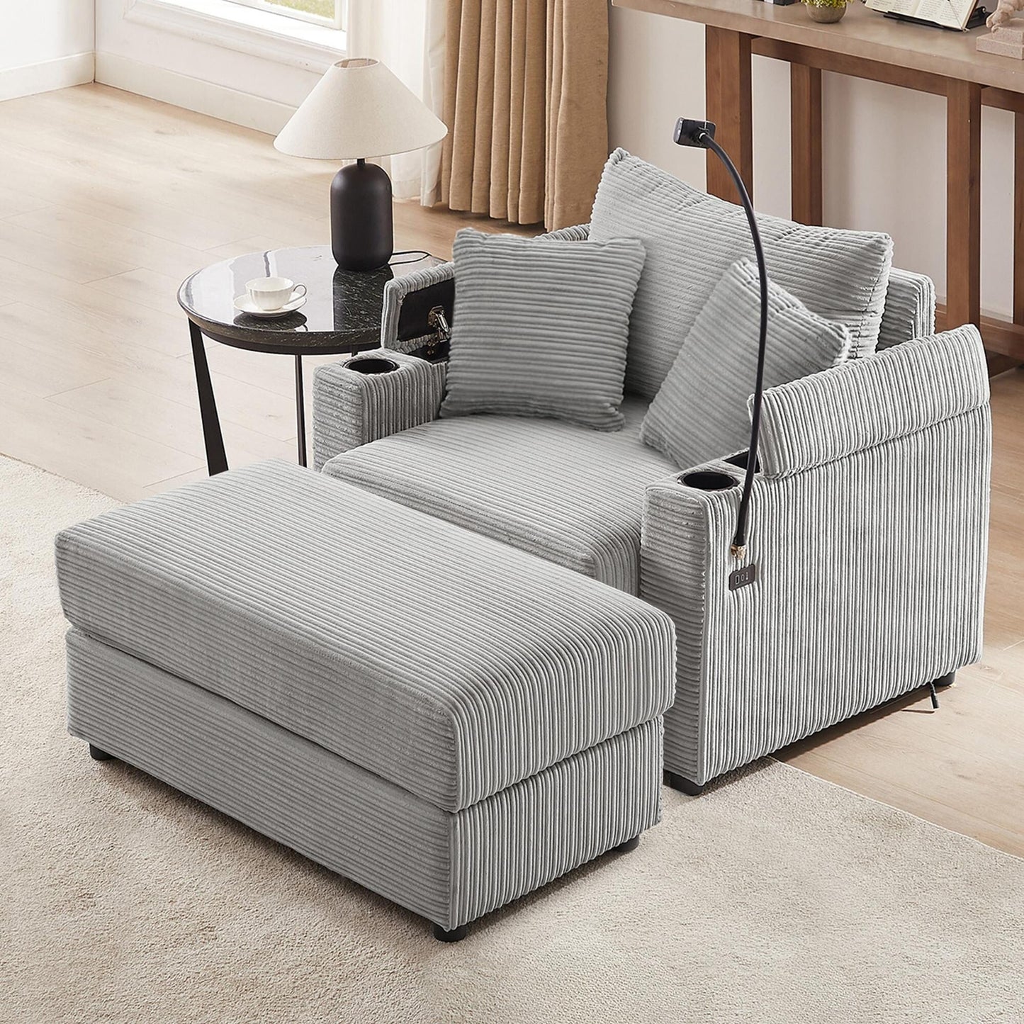 Modern Single Sofa with Movable Ottoman, Hidden Storage, USB Ports, Cup Holders and Phone Holder for Living Room