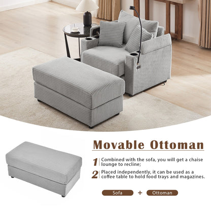 Modern Single Sofa with Movable Ottoman, Hidden Storage, USB Ports, Cup Holders and Phone Holder for Living Room