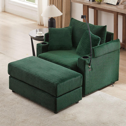 Modern Single Sofa with Movable Ottoman, Hidden Storage, USB Ports, Cup Holders and Phone Holder for Living Room