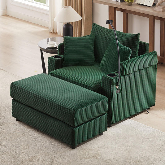 Modern Single Sofa with Movable Ottoman, Hidden Storage, USB Ports, Cup Holders and Phone Holder for Living Room