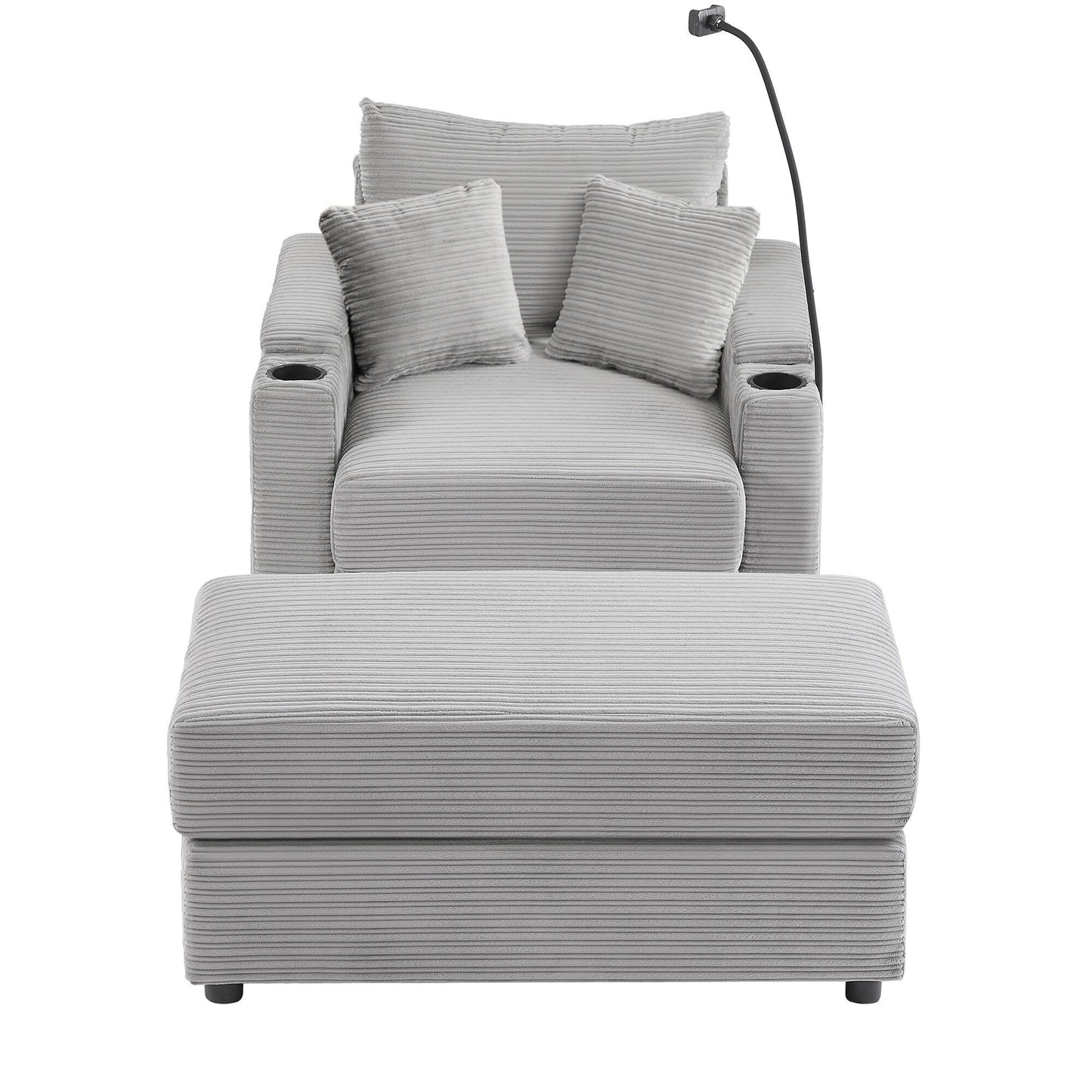Modern Single Sofa with Movable Ottoman, Hidden Storage, USB Ports, Cup Holders and Phone Holder for Living Room