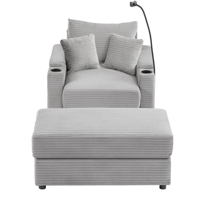 Modern Single Sofa with Movable Ottoman, Hidden Storage, USB Ports, Cup Holders and Phone Holder for Living Room