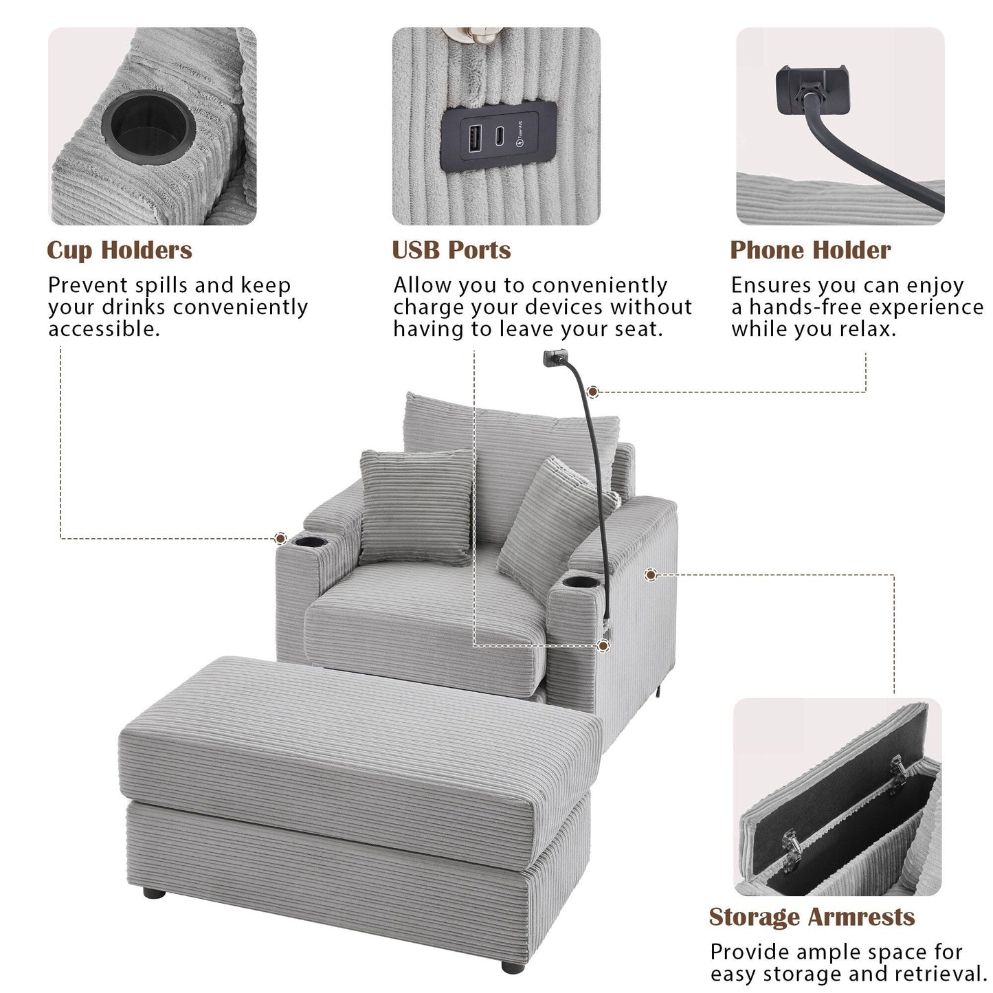 Modern Single Sofa with Movable Ottoman, Hidden Storage, USB Ports, Cup Holders and Phone Holder for Living Room