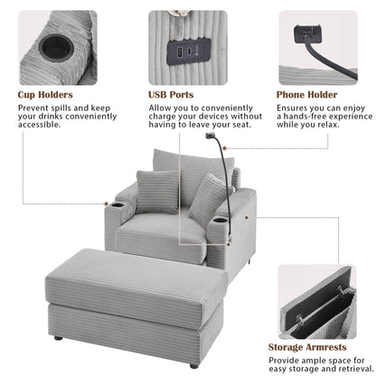 Modern Single Sofa with Movable Ottoman, Hidden Storage, USB Ports, Cup Holders and Phone Holder for Living Room