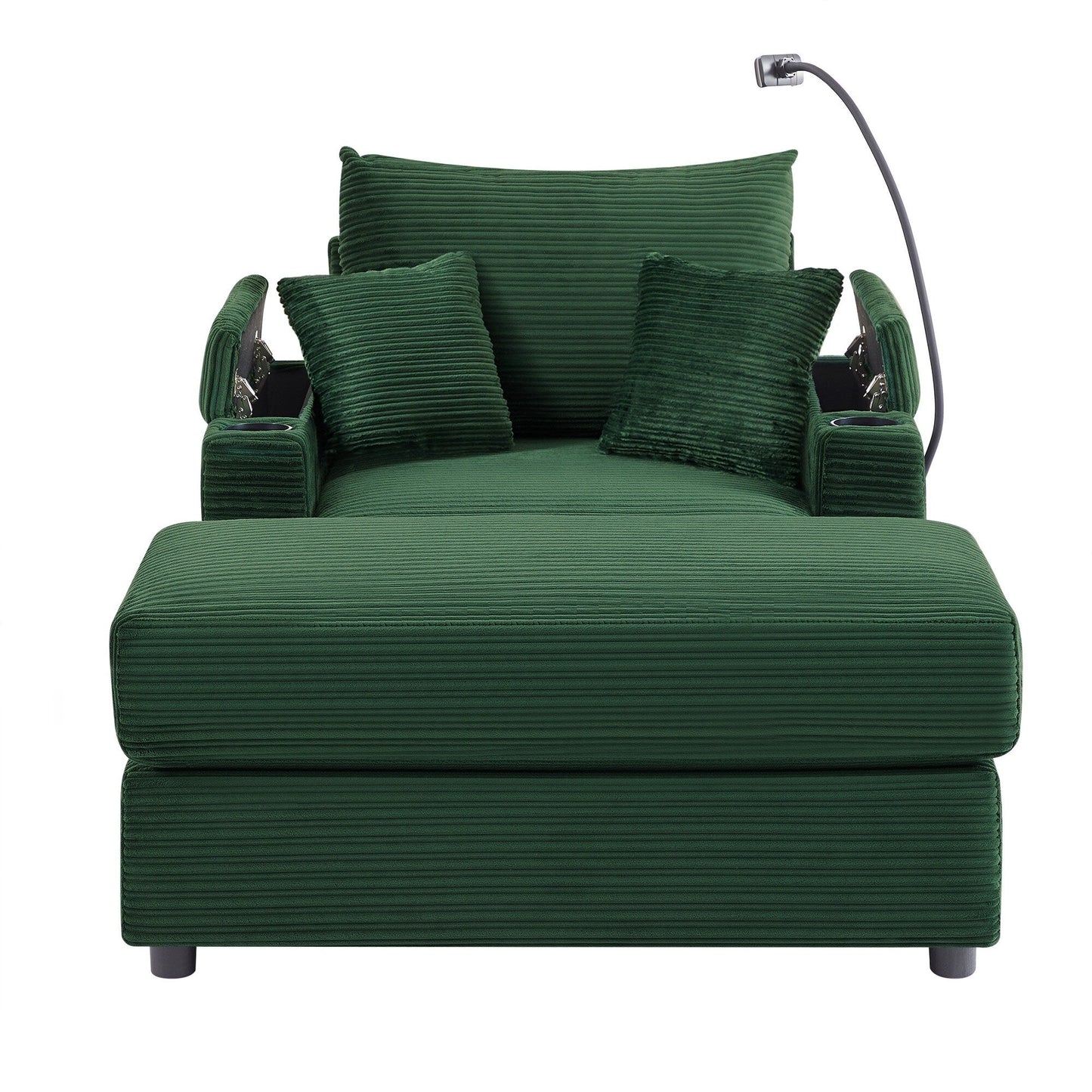 Modern Single Sofa with Movable Ottoman, Hidden Storage, USB Ports, Cup Holders and Phone Holder for Living Room