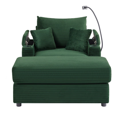 Modern Single Sofa with Movable Ottoman, Hidden Storage, USB Ports, Cup Holders and Phone Holder for Living Room