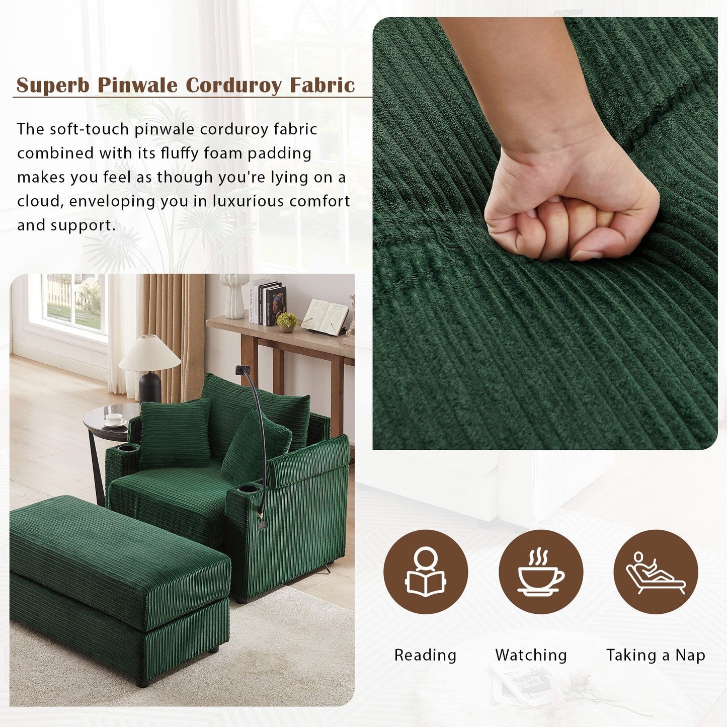 Modern Single Sofa with Movable Ottoman, Hidden Storage, USB Ports, Cup Holders and Phone Holder for Living Room