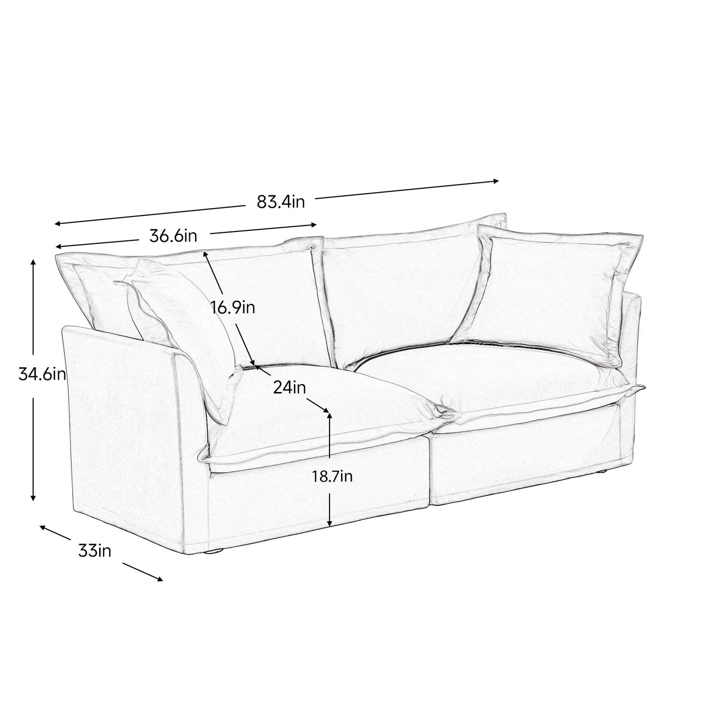 Modern Slipcovered 2-Seat Sofa Couches for Living Room, 2 Seater Sofa, Plain Chenille Deep Seat Sofa with Upholstered Cushion
