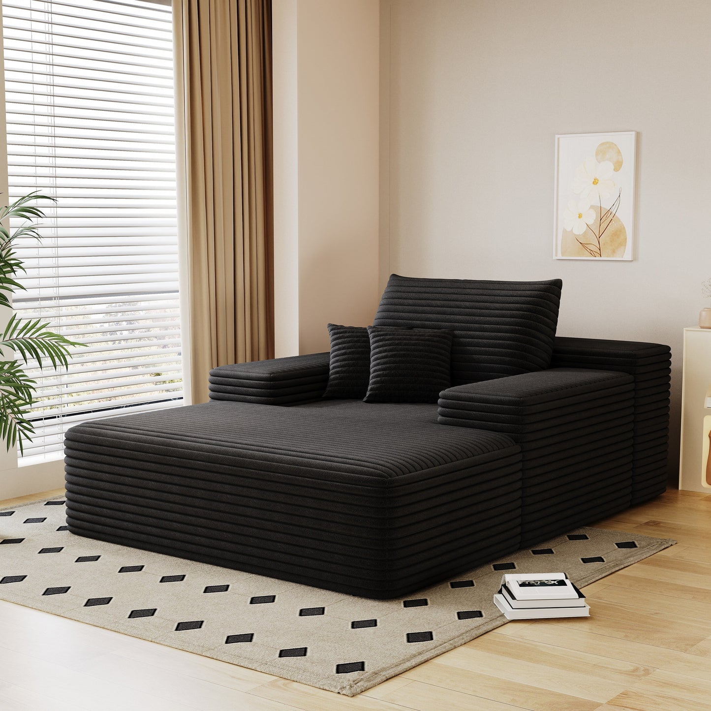 Modern Sofa bed lounger for moviebonus room,No Assembly Required,Black(Plush Corduroy Fabric)
