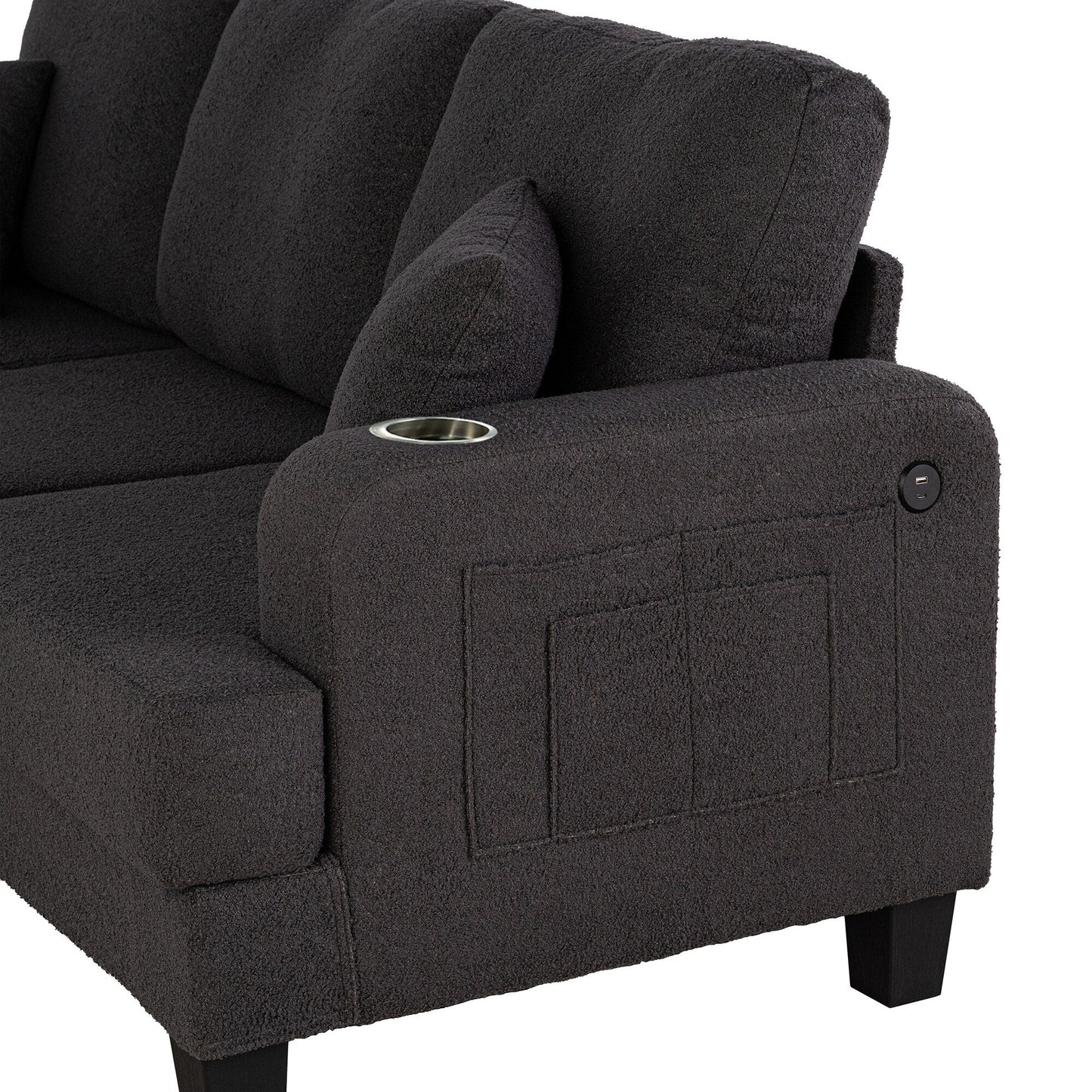 Modern Black Fabric USB Sofa with 2 Cup Holder and 2 Pillows