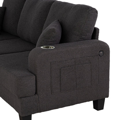 Modern Black Fabric USB Sofa with 2 Cup Holder and 2 Pillows