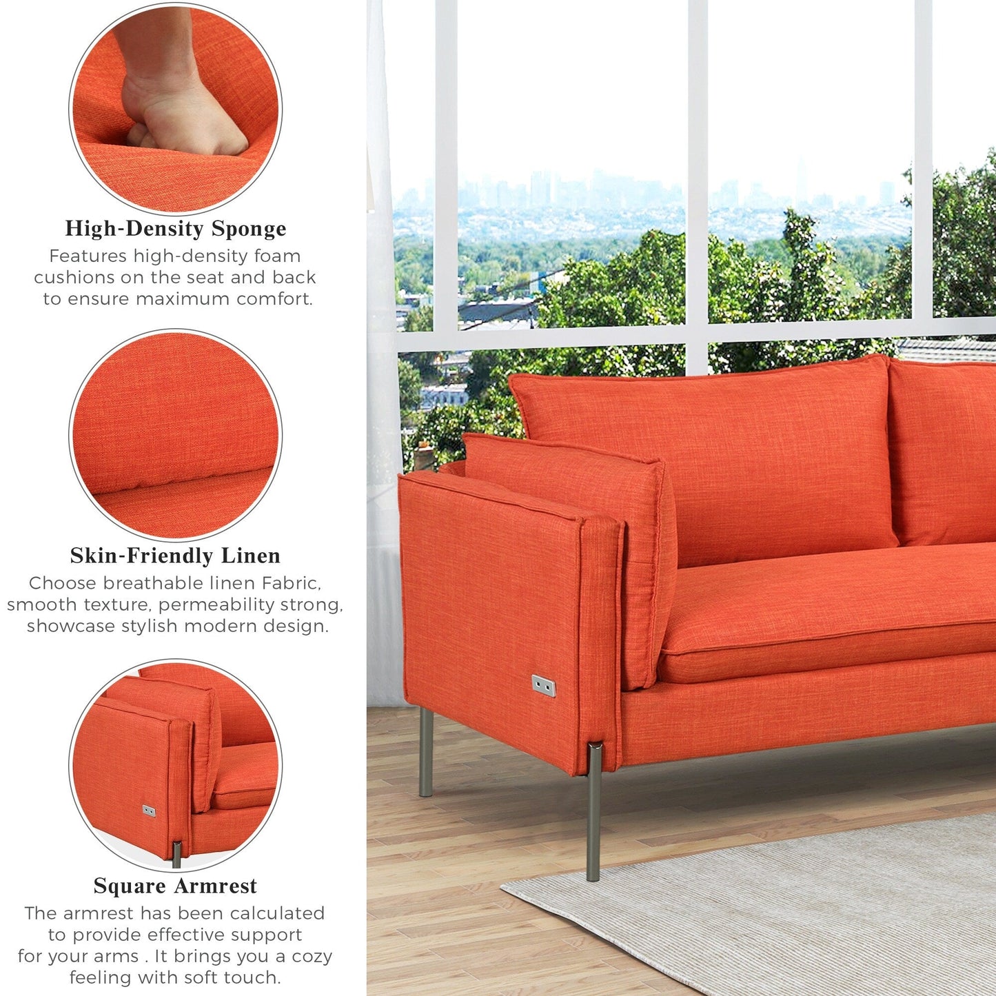 Modern Style 3 Seat Sofa Linen Fabric Upholstered Couch Furniture