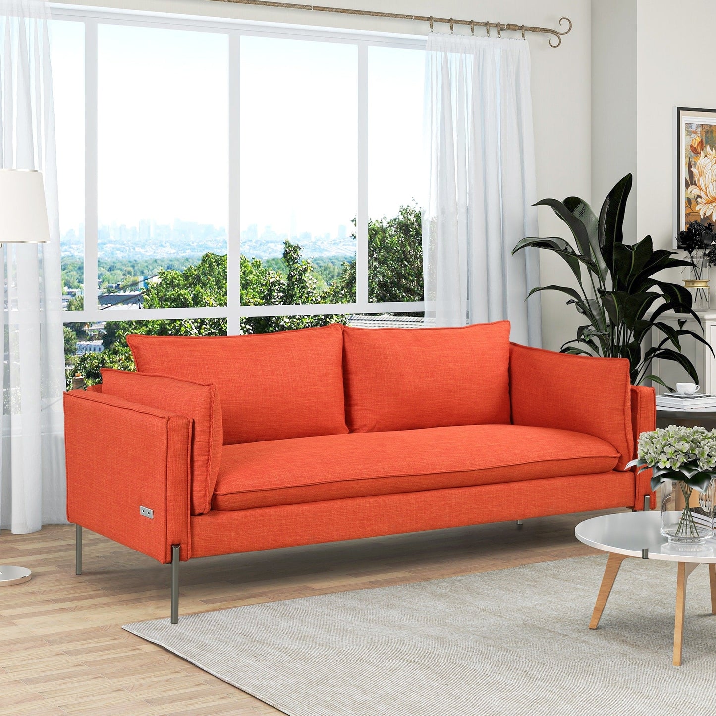 Modern Style 3 Seat Sofa Linen Fabric Upholstered Couch Furniture