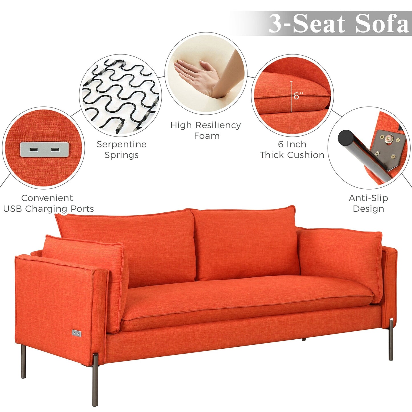 Modern Style 3 Seat Sofa Linen Fabric Upholstered Couch Furniture