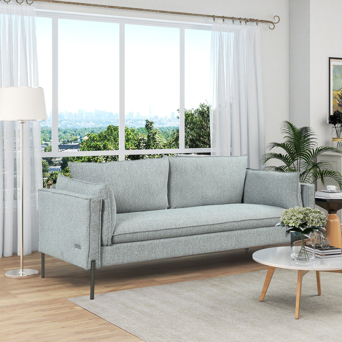 Modern Style 3 Seat Sofa Linen Fabric Upholstered Couch Furniture
