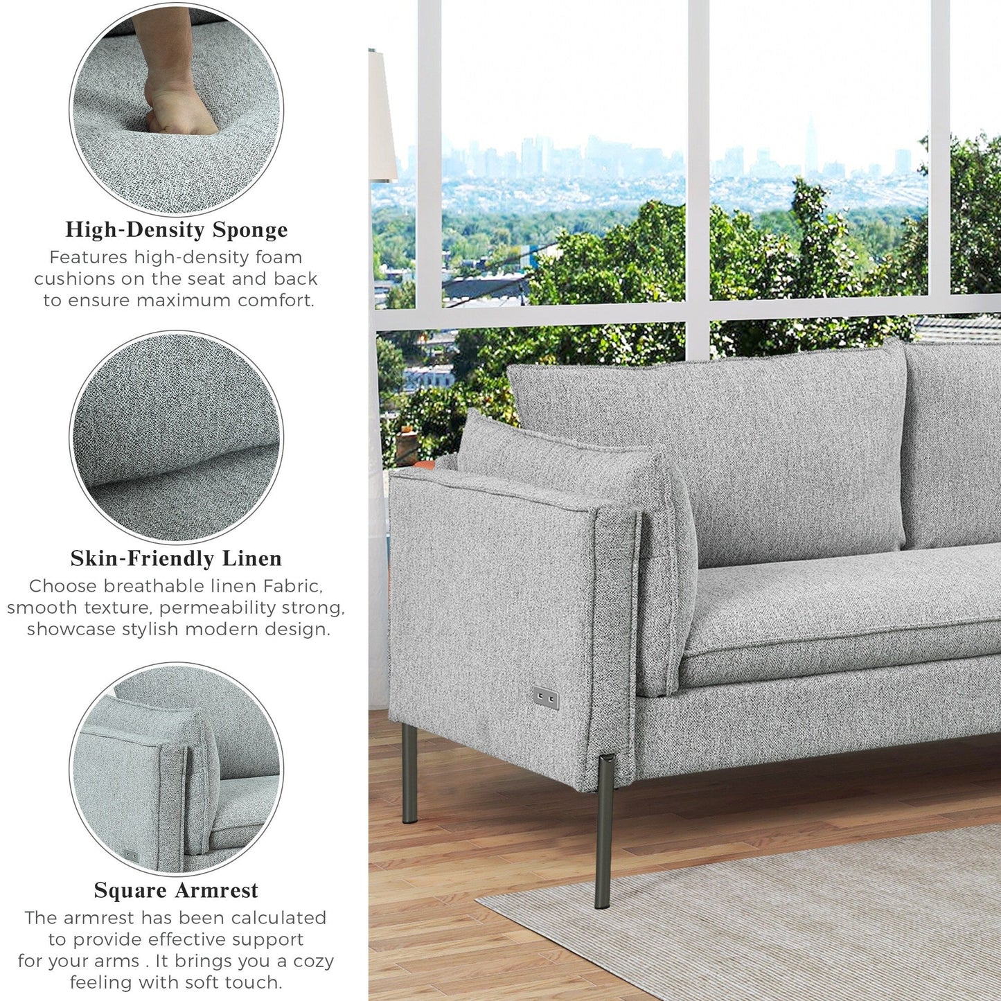 Modern Style 3 Seat Sofa Linen Fabric Upholstered Couch Furniture