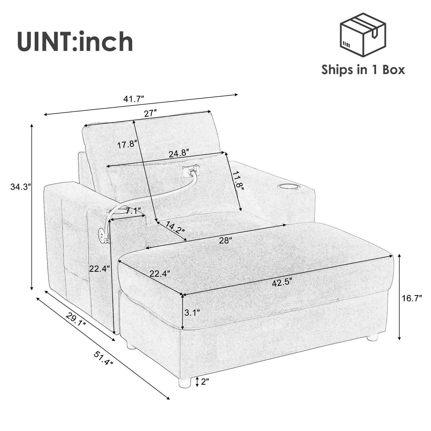 Modern Style Armchair 42.5 Chaise Lounge Sofa Couch with a Movable Storage Ottoman, Two USB Ports, Two Cup Holders