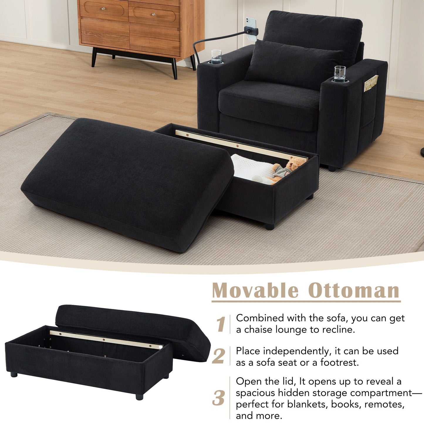 Modern Style Armchair 42.5 Chaise Lounge Sofa Couch with a Movable Storage Ottoman, Two USB Ports, Two Cup Holders