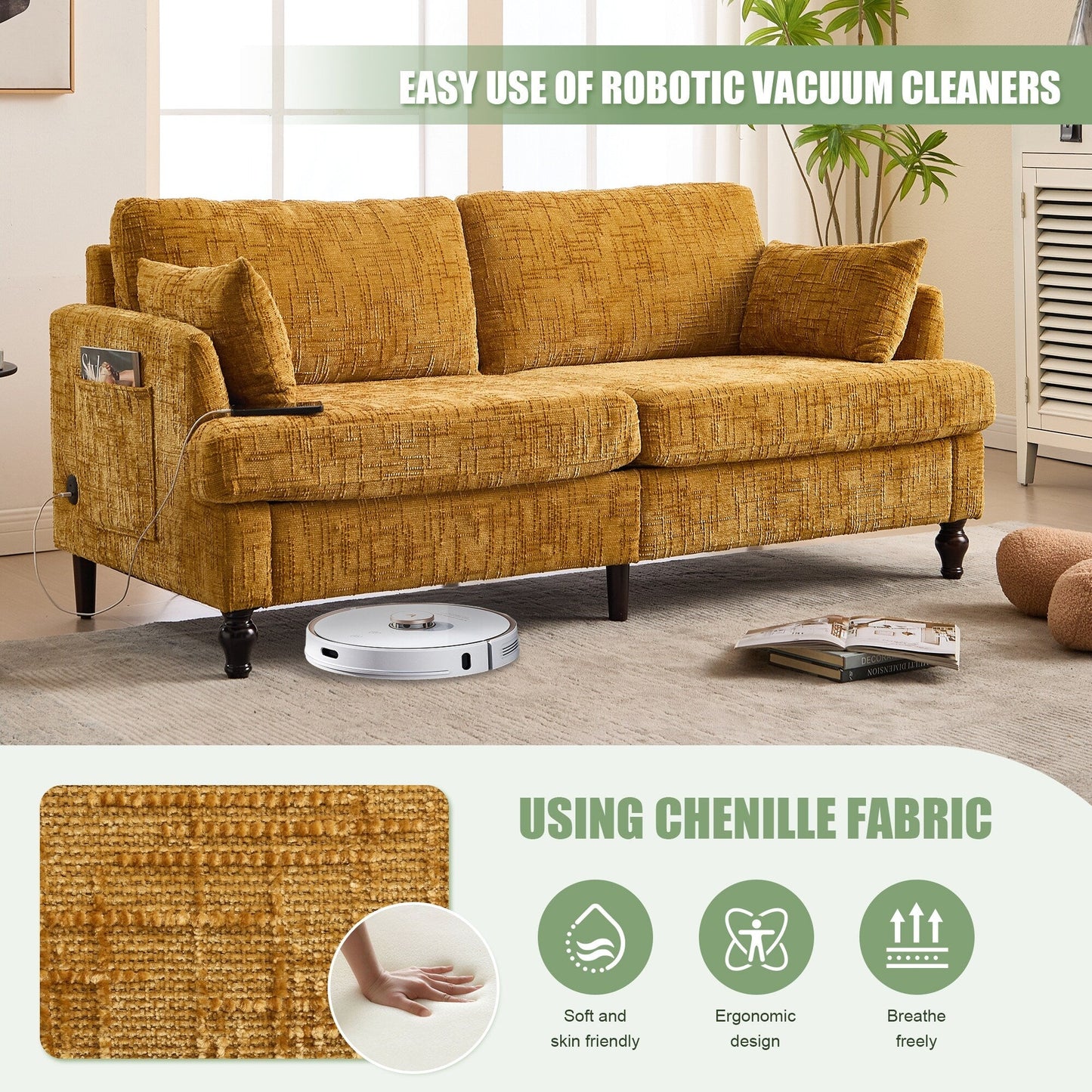 Modern Style Chenille 2-Seater Wood-Legged Sofa With Led Light, Usb Charging Port And Storage Bag Living Room Bedroom Study Room